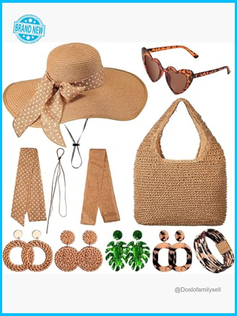 Straw Beach Hat with Bag and Boho Jewelry Set Summer Sunglasses Accessory Bundle